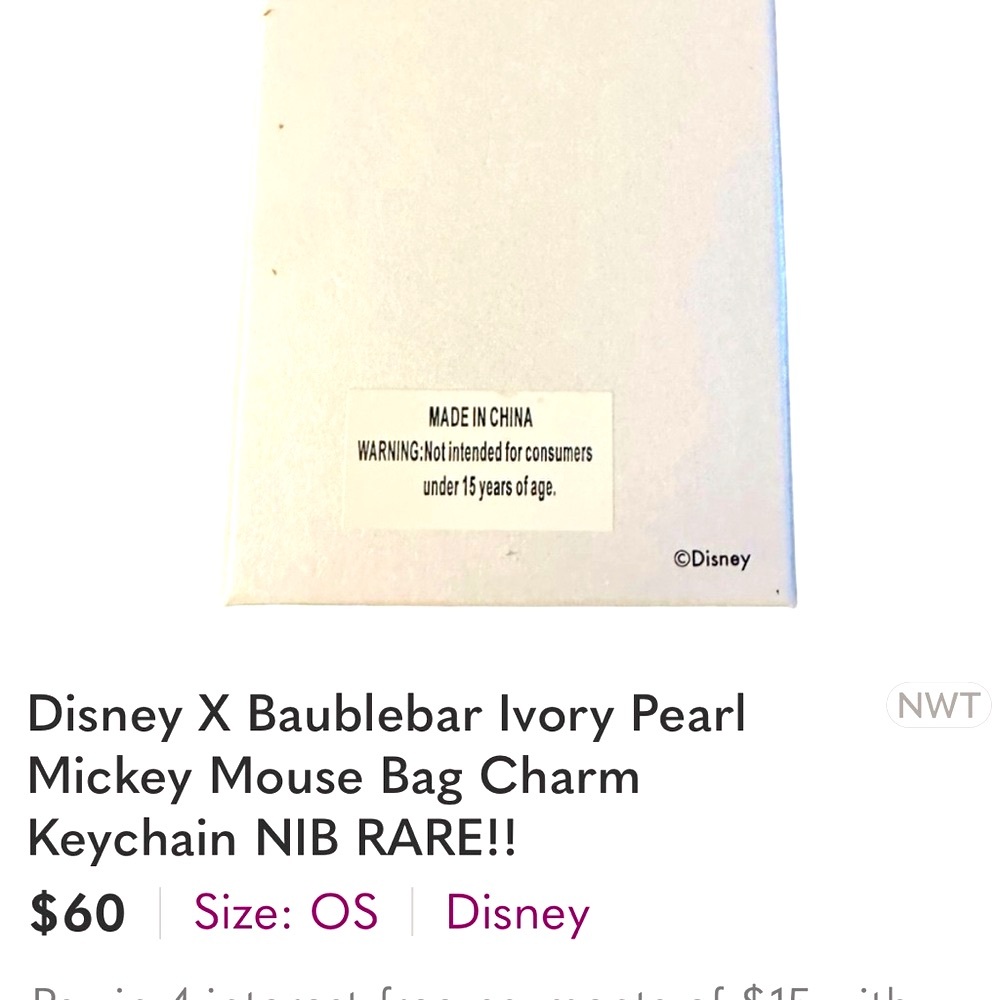 FINAL PRICE DROP Disney X Baublebar Ivory Pearl Mickey Bag Charm Keychain RARE - Picture 4 of 4